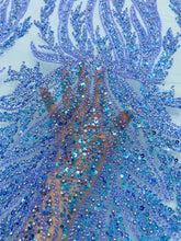 Dantela Couture Sky Blue cu Panou, cu Perle, Margele si Paiete